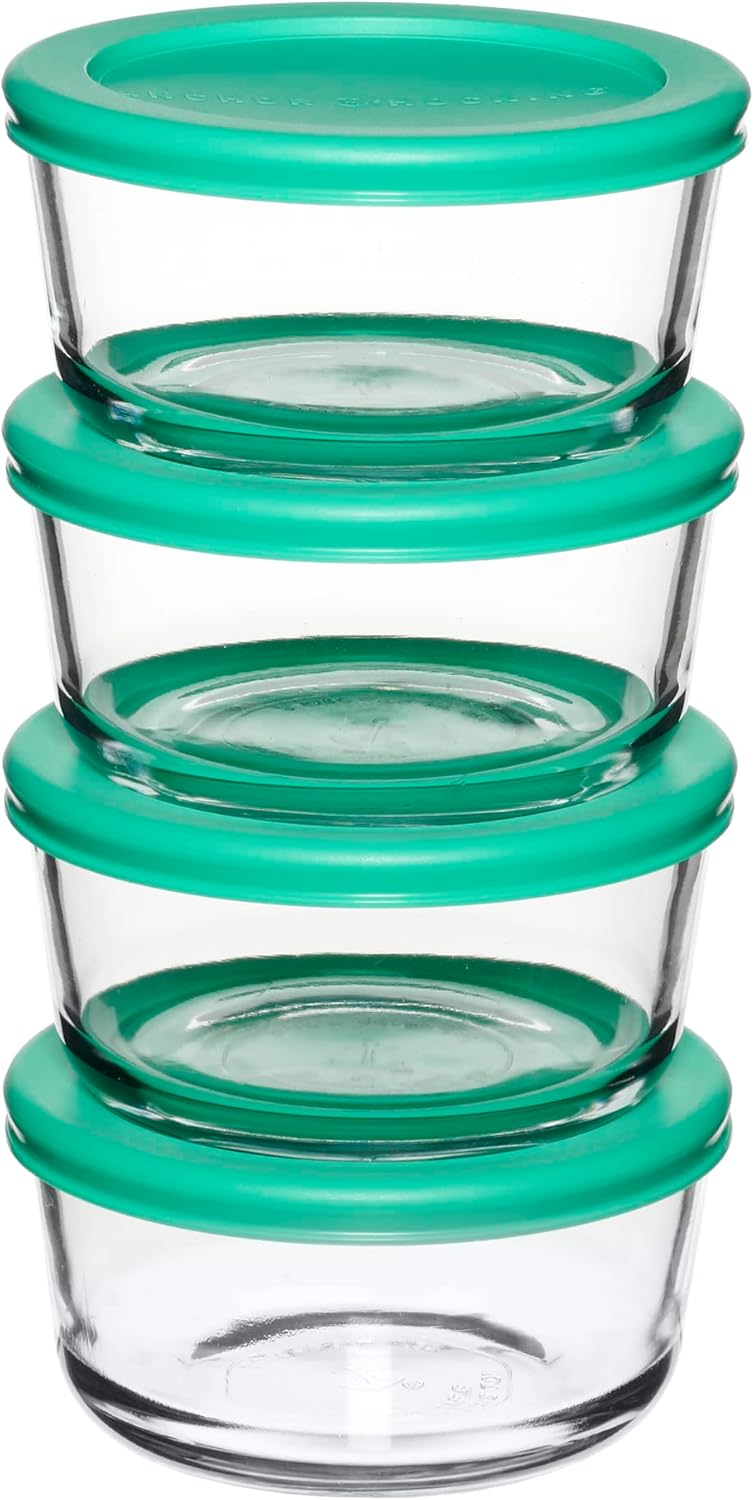 Anchor Hocking 2 Cup Glass Storage Containers with Lids, Set of 4 Glass Food Storage Containers with Mint SnugFit Lids (Pack of 2)