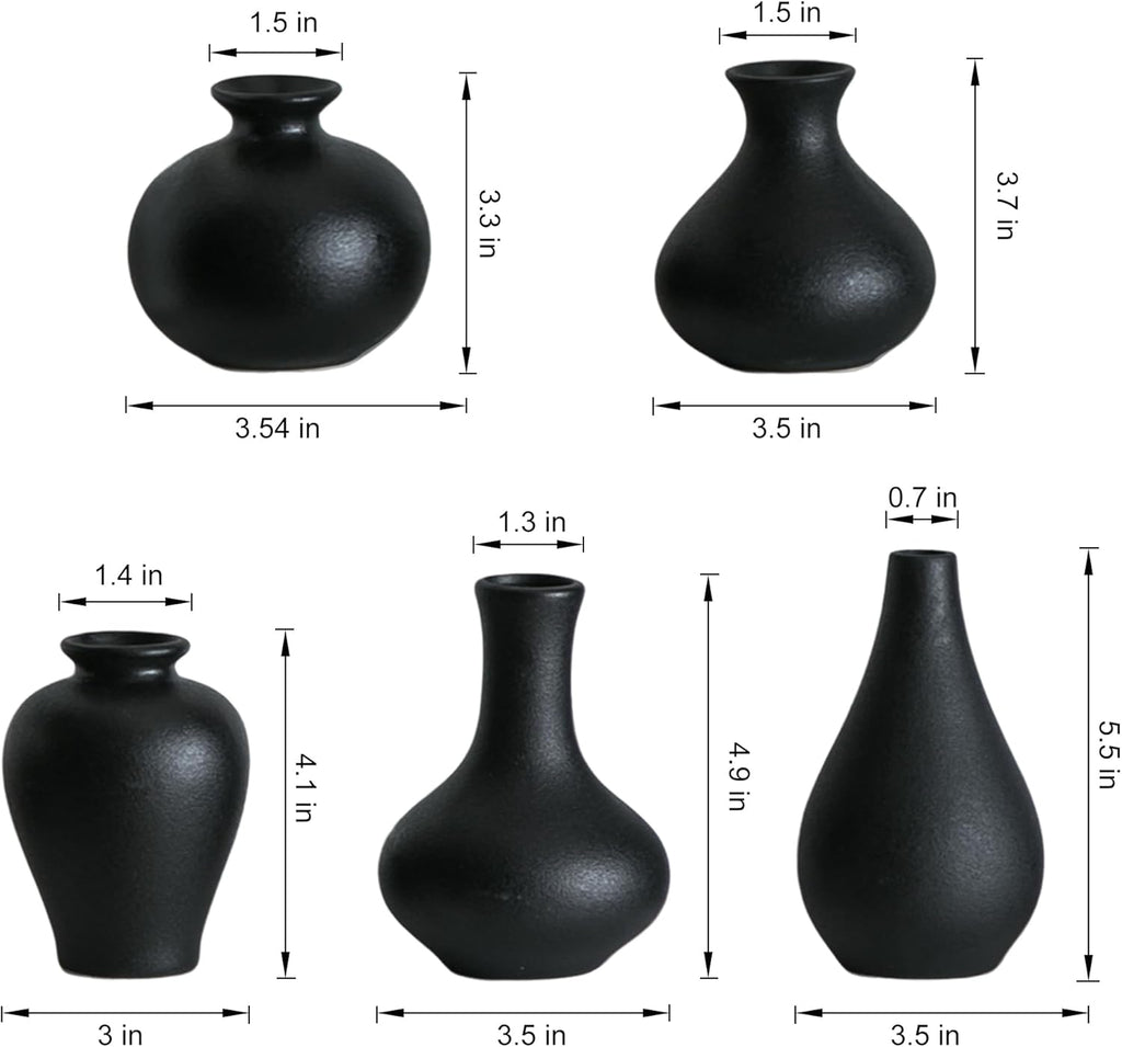 Tanvecle Small Black Vases, Ceramic Bud Vase Set of 5, Mini Pottery Vases for Pampas Grass, Flowers, Decorative Vases for Home Modern Decor, Rustic Decor, Veses for Living Room Dining Table Shelves