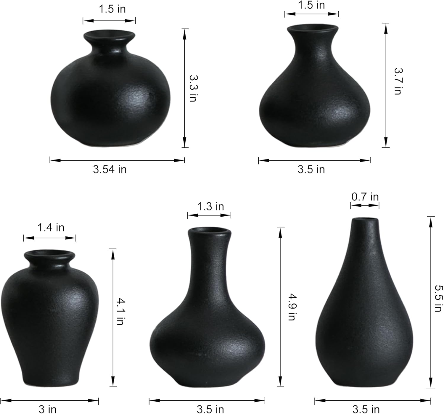 Tanvecle Small Black Vases, Ceramic Bud Vase Set of 5, Mini Pottery Vases for Pampas Grass, Flowers, Decorative Vases for Home Modern Decor, Rustic Decor, Veses for Living Room Dining Table Shelves