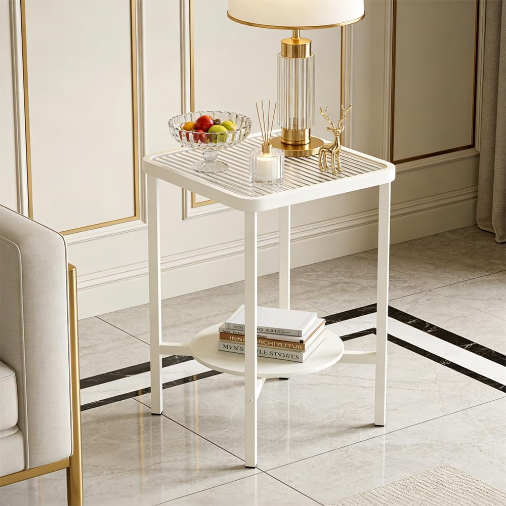 2-Tier Small End Table Side Table for Living Room, Boho Night Stand Square Nightstand with Tempered Glass Tabletop & Marble Storage Shelf, Accent Side Table for Small Spaces, Bedroom, Outdoor (White)