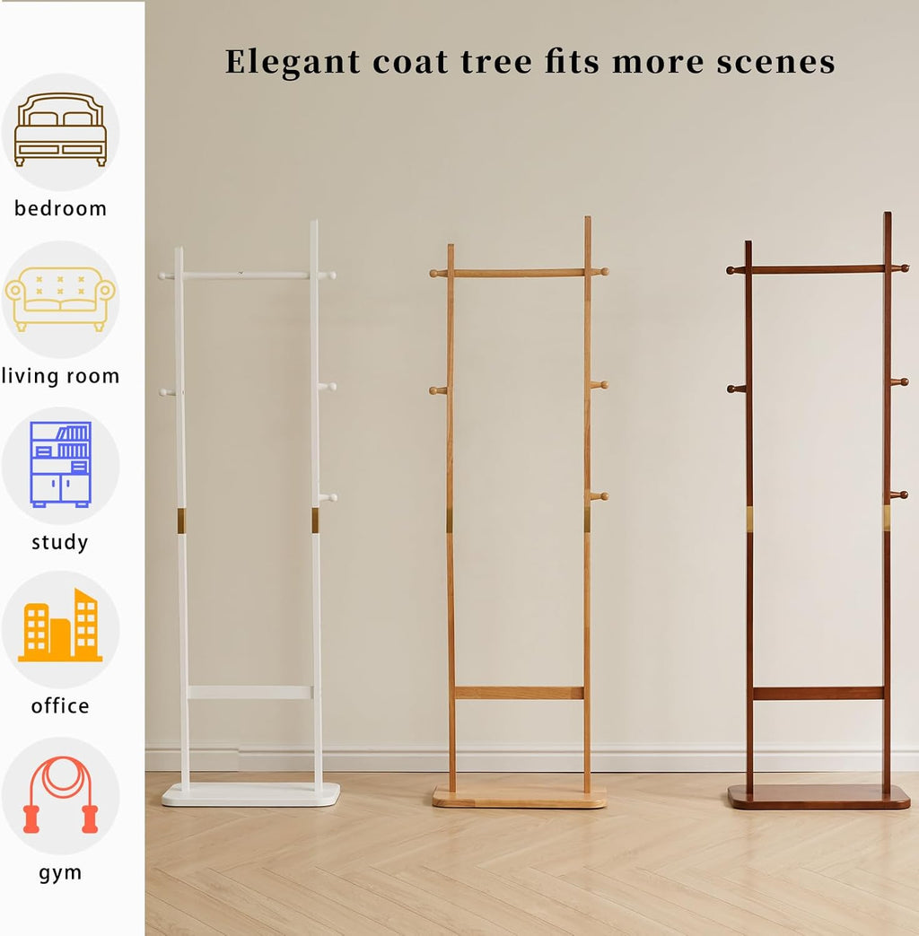 Aibiju Coat Rack Freestanding, Coat Tree with 2 Main Rods and Stable Design, Clothes Racks for Hanging Coats Clothes Suits Jacket, Easy to Assemble and Very Sturdy, Natural Wood Color USYD-202