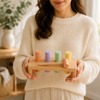Juju Wooden Peg Bench Nursery Decor – Natural Beechwood Frame with 4 Sherbet Pastel Smiley Pegs and Matching Mallet – Tap-Through and Flip-to-Reset Design – Soft Satin Wood Shelf Accent