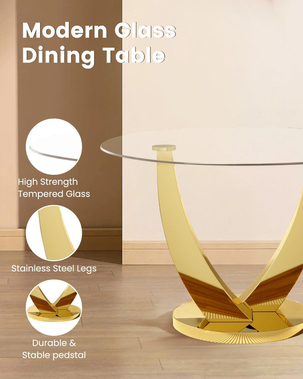 47.2" Round Glass Dining Table for 4-6, Modern Kitchen Table with Tempered Glass Top & Stainless Steel Legs, Circle Dining Table for Home, Living Room, Apartment (Gold)