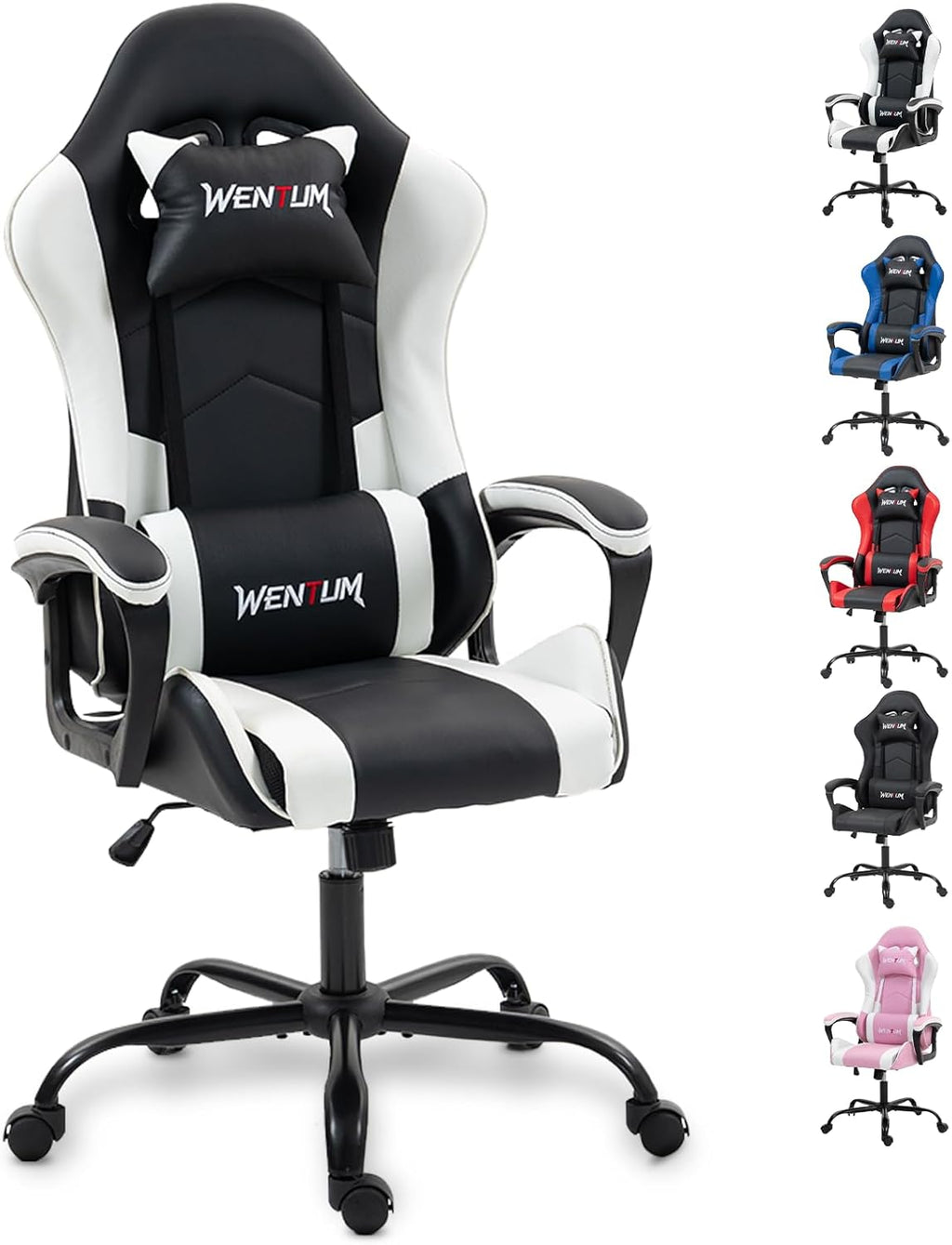 Ergonomic Massage Gaming Chair for Kids Adults, Comfy PU Leather Office Desk Chair with Adjustable Headrest Lumbar Support 360 Swivel, White