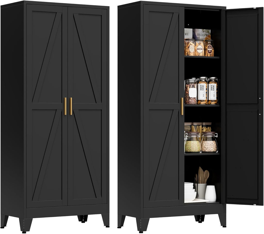 61" Tall Metal Pantry Cabinet, Kitchen Storage Cabinet with 2 Doors and 3 Adjustable Shelves for Kitchen, Living Room, Dining Room, Bathroom and Home, Office (Black, 1PC)