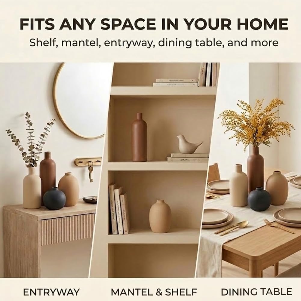 Ceramic Neutral Vase Set of 4 - Modern Decorative Flower Vases Home Decor, Rustic Farmhouse Table Decor for Living Room, Shelves, Entryway, Mantel, Boho Pottery Vases for Bouquets, Pampas, and Gifts