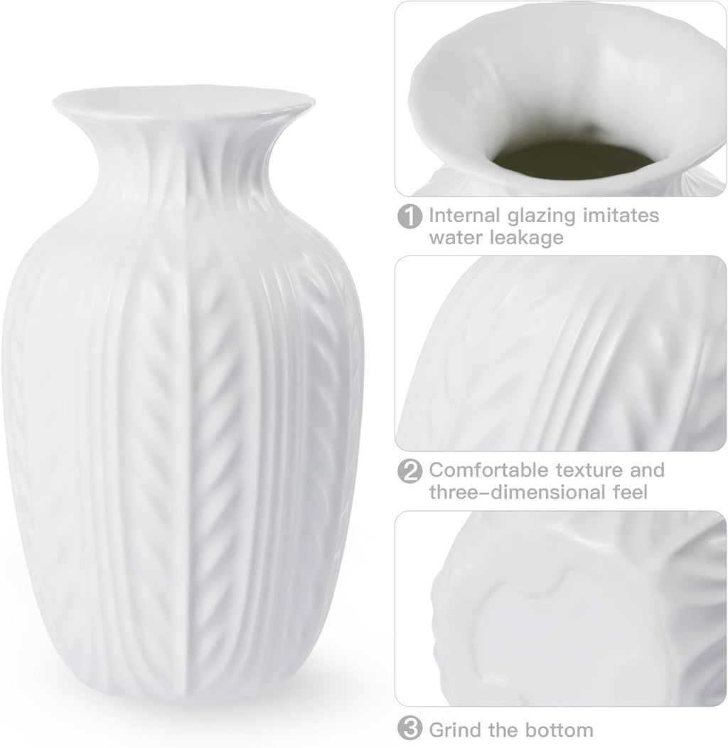Lvases Matte White Ceramic Flower Vase, 10 Inch Unique Wheat Ear Textured Modern Large Vases for Trendy Home Decor Living Room Entryway Shelf Office Rustic Table Centerpiece (Matte White)