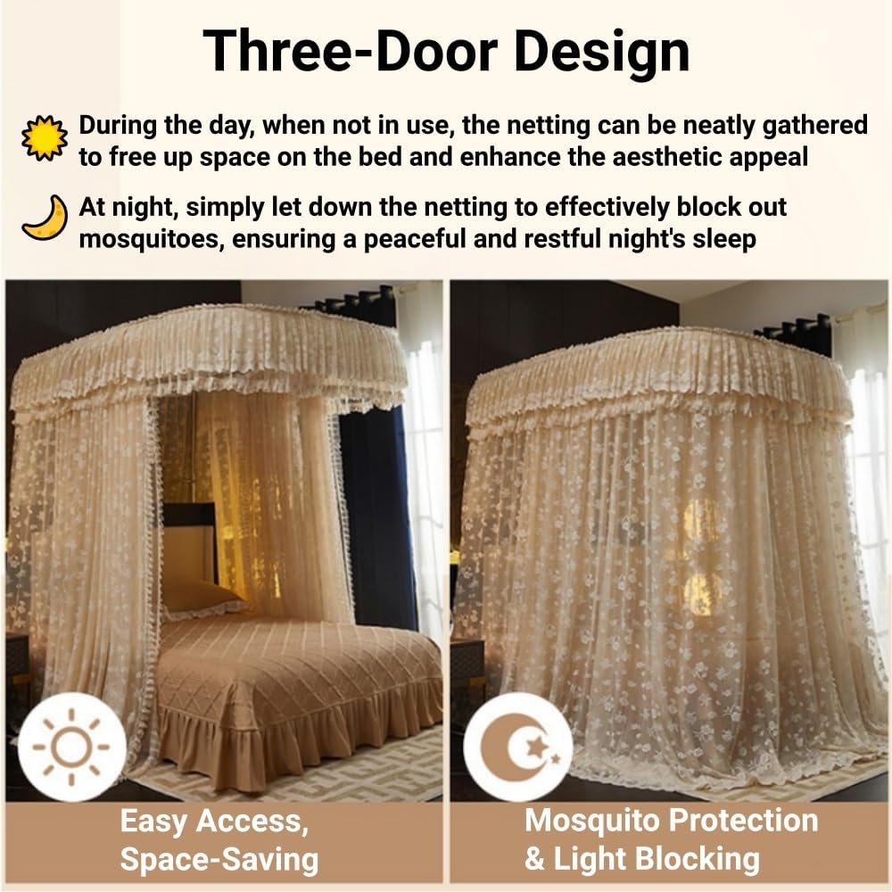 U-Shaped Rail Bed Canopy Curtain, Double Layer Bed Curtain, Princess Bed Canopy, 3 Opening Mosquito Net, Cozy Drape Netting for Bedroom Decoration(Khaki,70.9x86.6in)