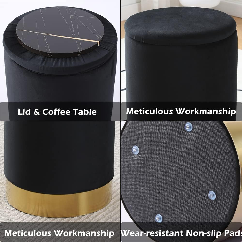 Velvet Storage Ottoman Multipurpose Footrest Stool with Metal Base Modern Round Vanity Stool Chair Ottoman Foot Stools Support 300 lbs Padded Seat for Living Room (Black (Velvet))