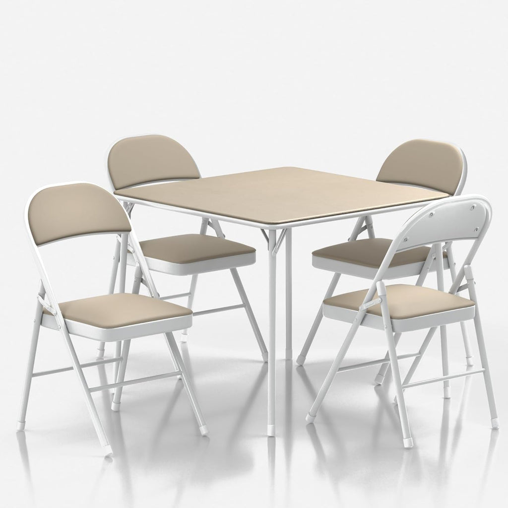 VECELO 5-Piece Folding Card Table Square and Chair Set with Collapsible Legs & Vinyl Upholstery,Portable for Indoor & Outdoor, Beige
