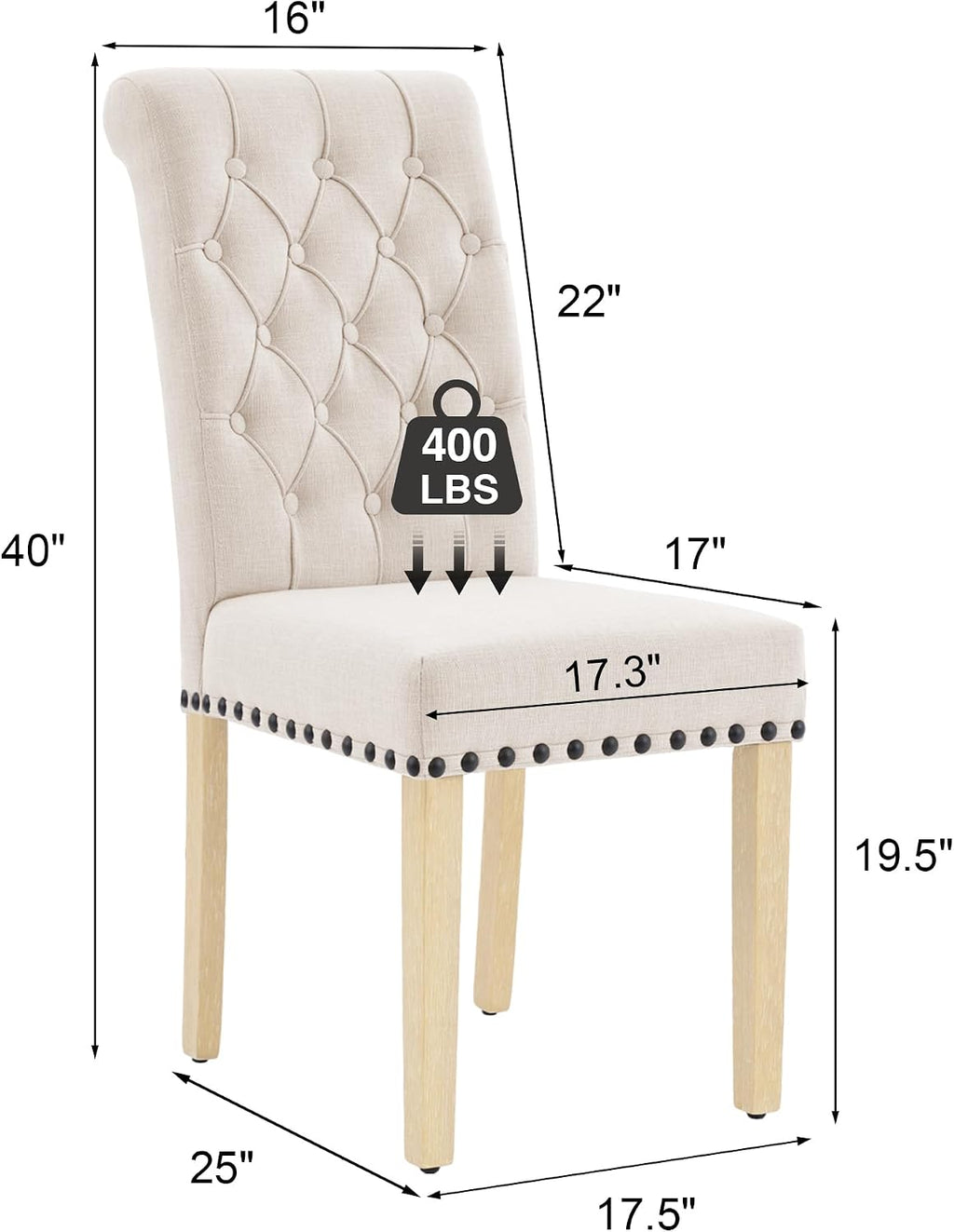 adochr Linen Fabric Dining Chairs Set of 2, Upholstered Dining Room Chair with Wooden Legs, Armless Parsons Chairs for Kitchen/Dining Room/Living Room, Beige