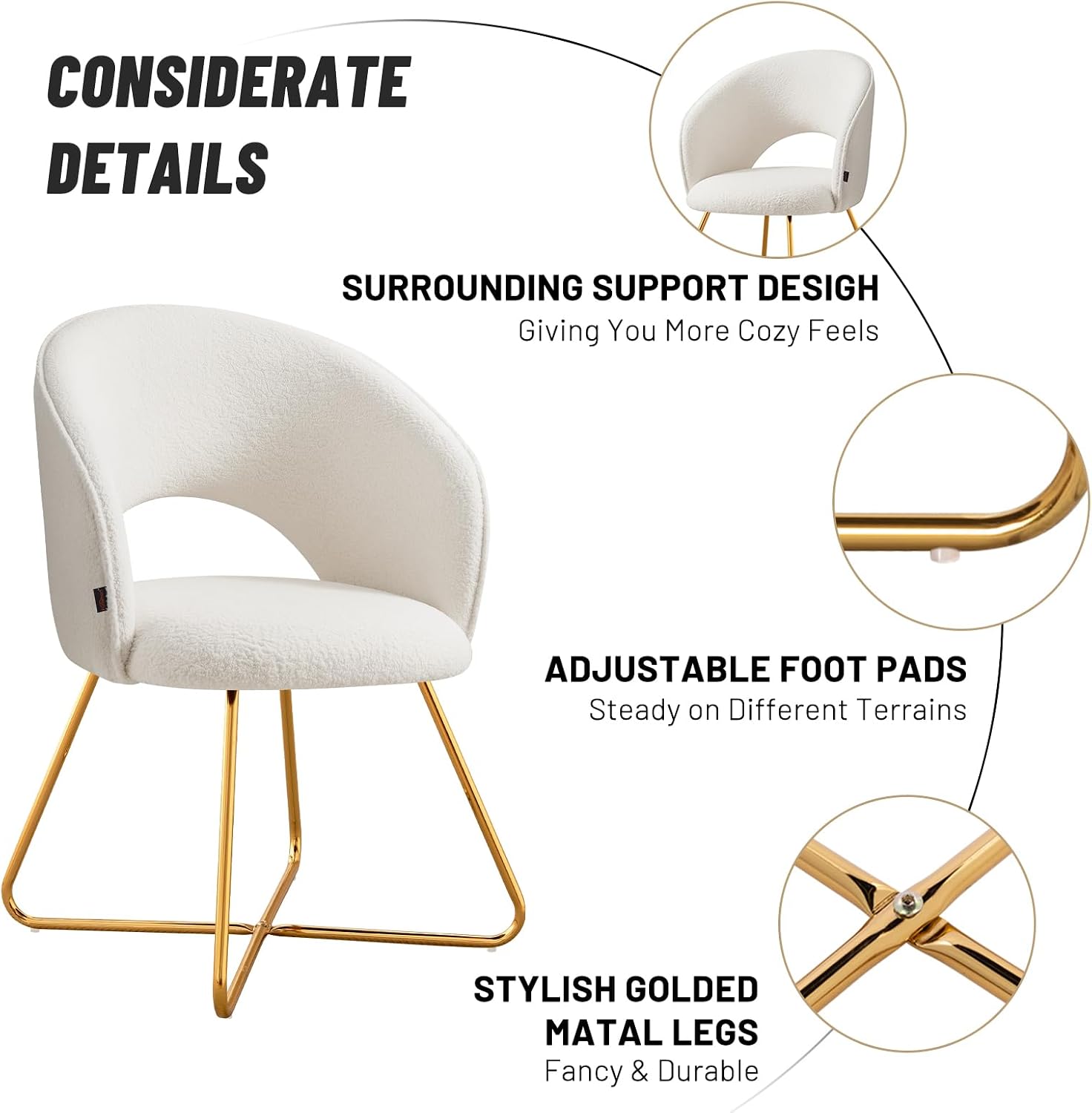Furniliving Modern Accent Chair Velvet Comfy Lounge Chairs for Bedroom, Upholstered Barrel Vanity Chair with Back, Mid Century Makeup Chair with Gold Leg (Hollow-Backrest, White)