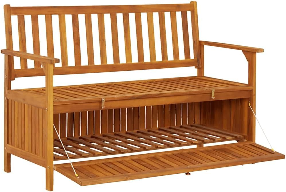 Solid Acacia Wood Patio Storage Bench with Large Storage Compartment, 47.2 Inch Garden Bench with Armrests and Backrest for Home and Garden