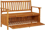 Patio Storage Bench Solid Acacia Wood 47.2 Inch Outdoor Garden Seat with Backrest Armrests Large Storage Compartment for Porch Deck Yard Relax