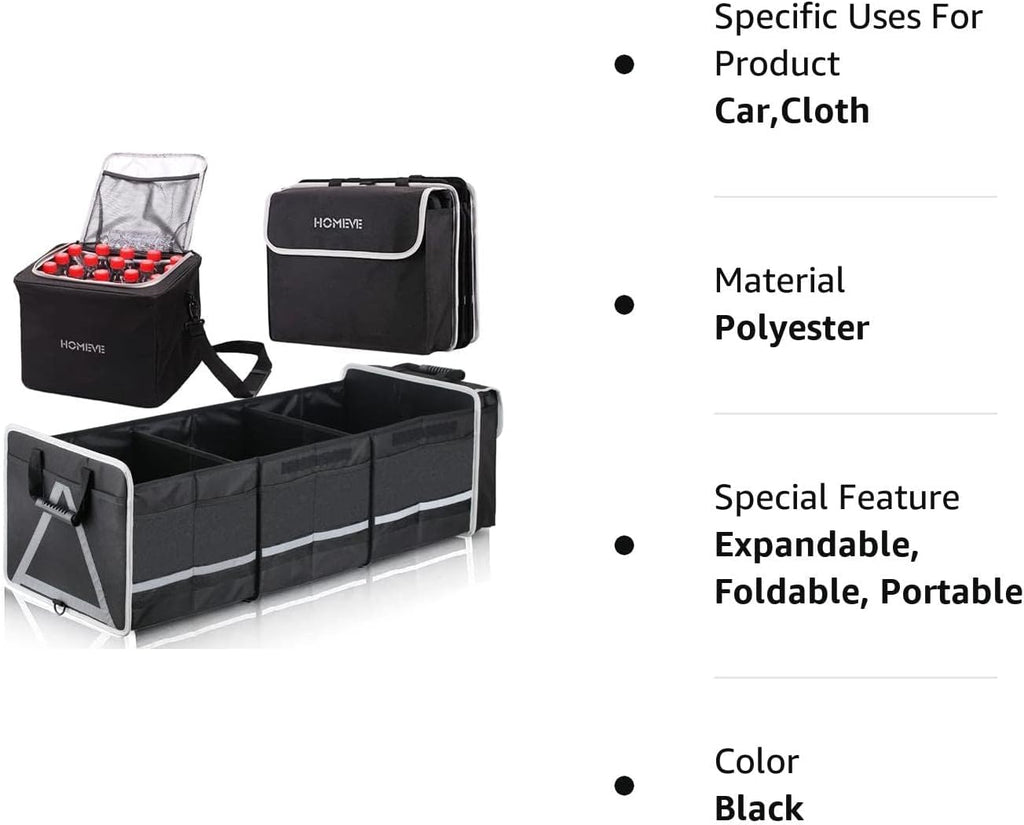 Homeve Car Trunk Organizer for SUV, 25Gal Large Capacity No-Sag Heavy Duty, Foldable Waterproof Anti-Slip Storage with 12 Pockets, Fit Sedan,Truck,Universal Car Accessories, Black, 3 Compart, Large