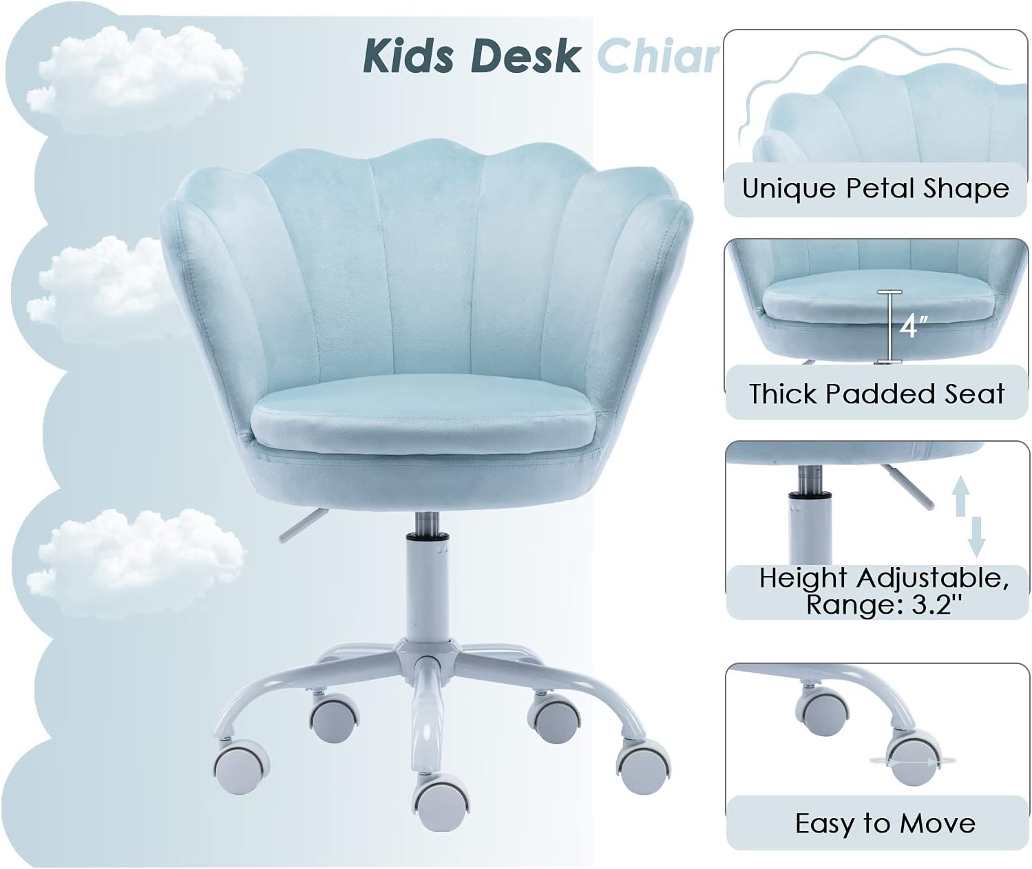 CIMOTA Cute Kids Desk Chair,Velvet Bedroom Chair Adjustable Child Computer Chair Swivel Shell Vanity Chairs for Girls Bedroom/Study Room, Light Blue