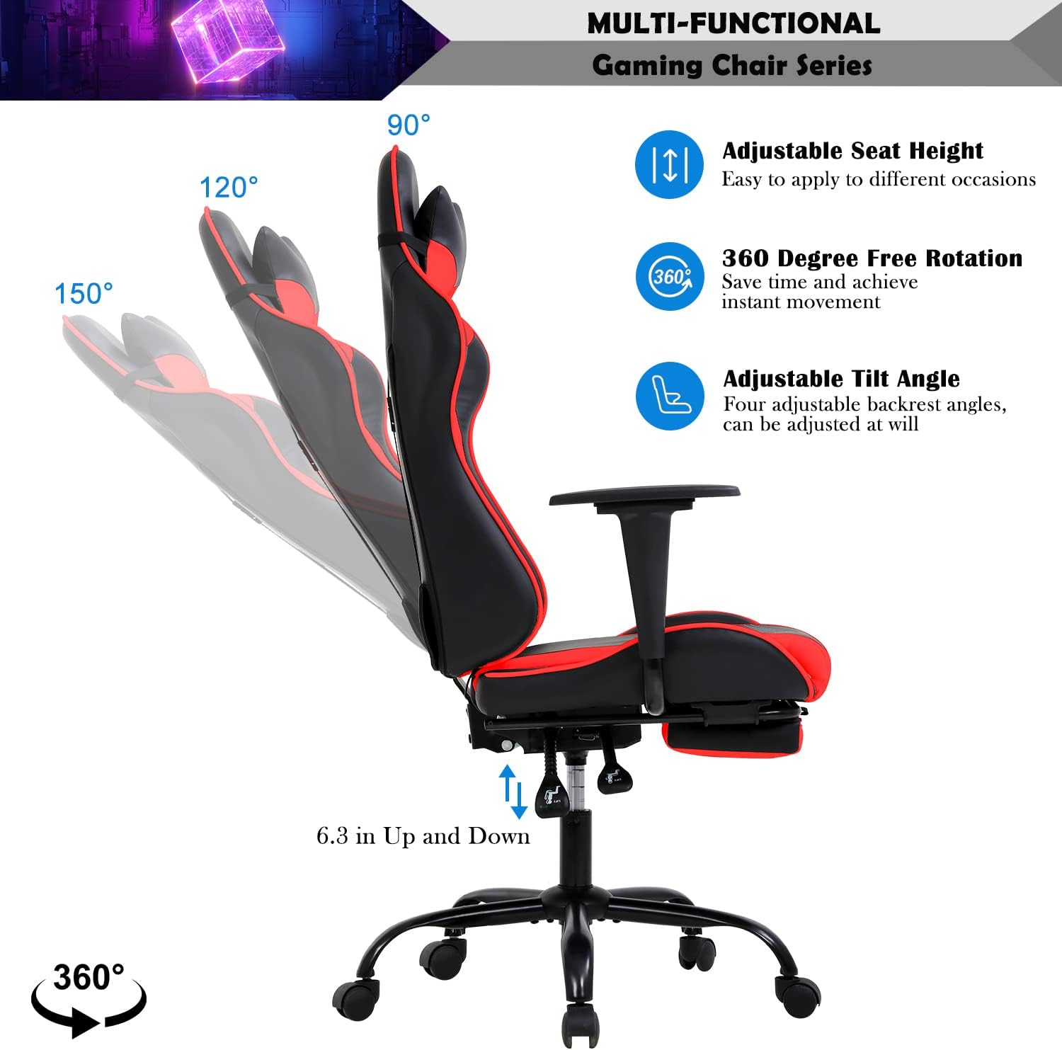 Gaming Chair Racing Style Office Computer Game Chair Ergonomic Desk Chair with Headrest Lumbar Support,High Back Gamer Office Chair Massage Recliner Video Game Chairs for Kids or Adults,Red