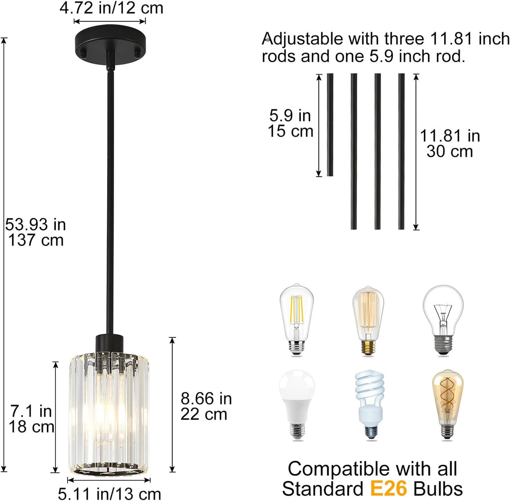 Crystal Pendant Lights Kitchen Island, 3 Pack Black Kitchen Pendant Lighting Over Island, 1-Light Mini Modern Hanging Lights for Kitchen Island, Dining Room, Hallway, Foyer, Entryways