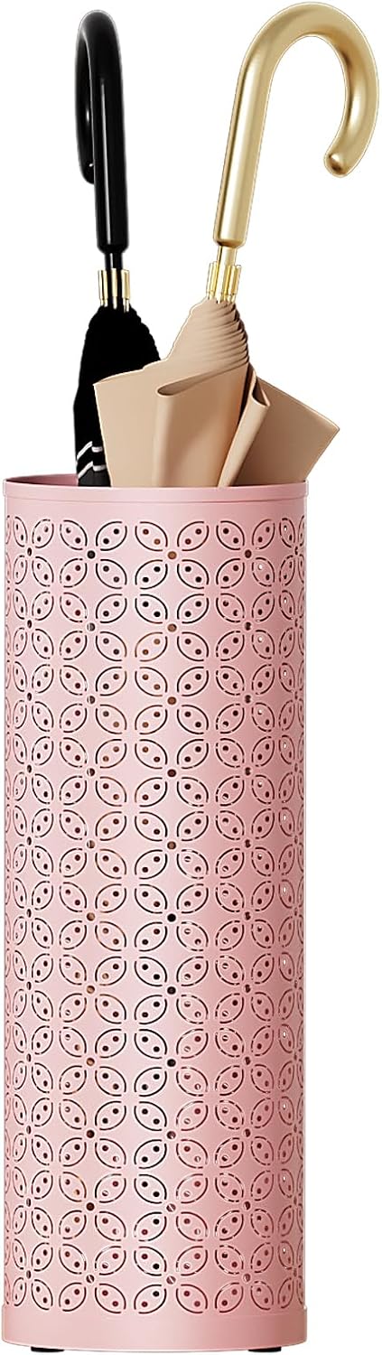 Metal Round Umbrella Stand,Free Standing Umbrella Holder Bin, Canes Walking Sticks Holder for Entryway, Home, Office,Pink