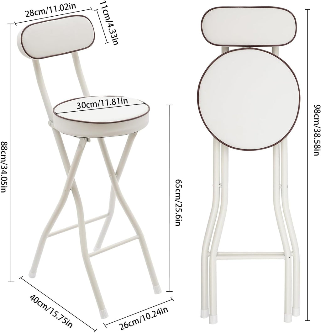 Folding Stool with Back, 25.6 Inch Counter Height Foldable Stool, Round Leather Padded Portable Foldable Chair for Gardening Outdoor Indoor Kitchen Camping Shop Cafe (White, 2 Pack)