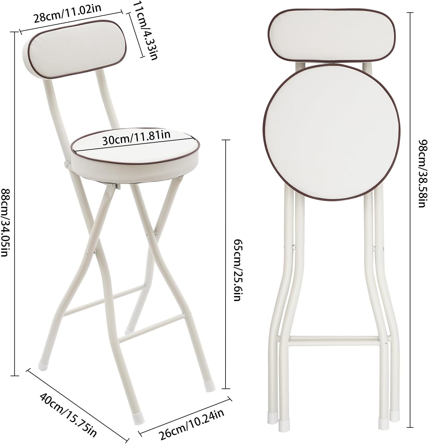 Folding Bar Stool with Back, 2 Pack Backest Tall Foldable Stool har with Cushioned Padded Portble Collasible Counter Height Chai for Kitchen Island Shop Cafe Dining Room (White)