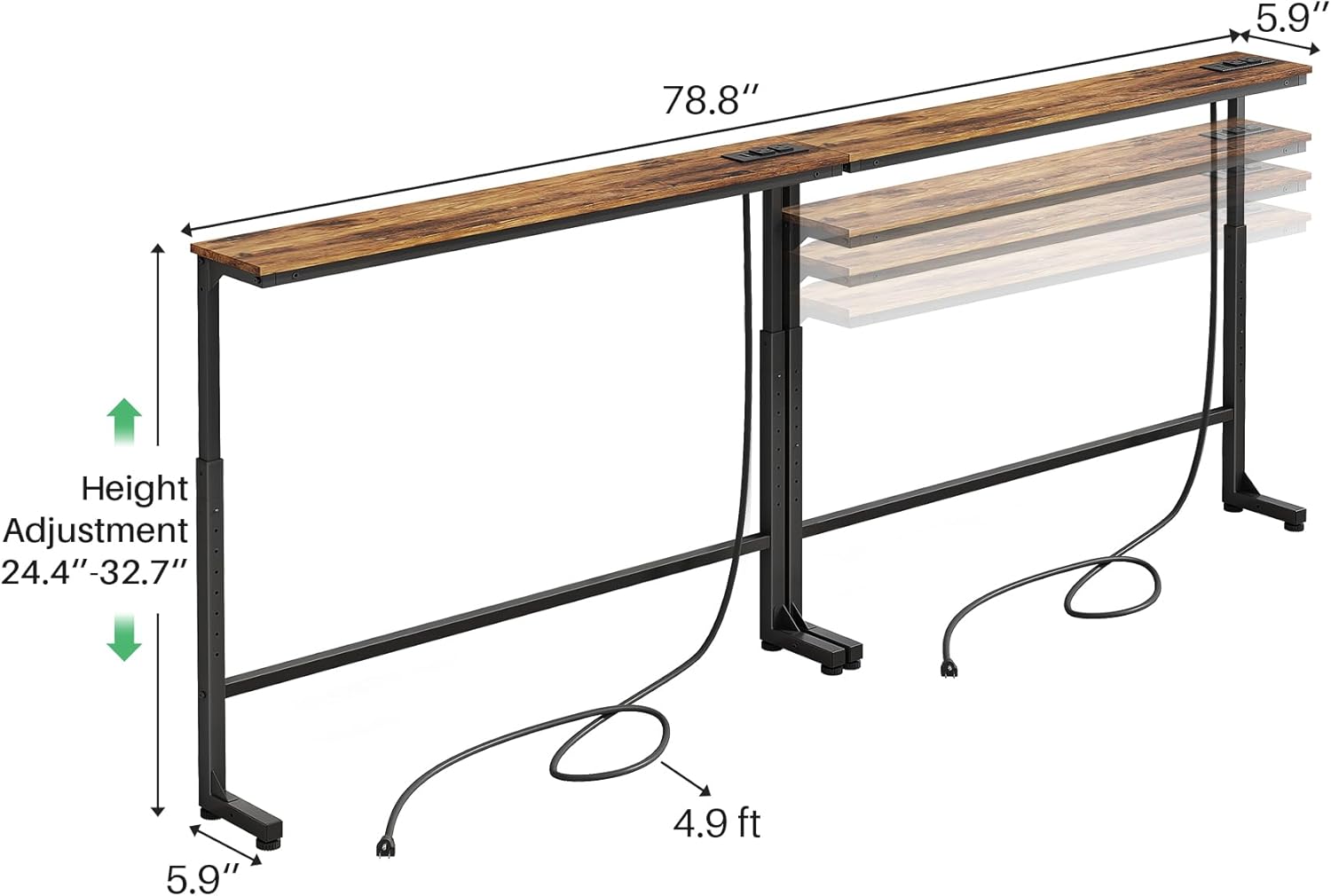 Kitstorack 2-Pack Narrow Console Table with Adjustable Height (25"-33") & 2 Power Outlets, Skinny Behind Couch Table, 78.8" Long x 5.9" Wide Sofa Side Table for Living Room, Rustic Brown