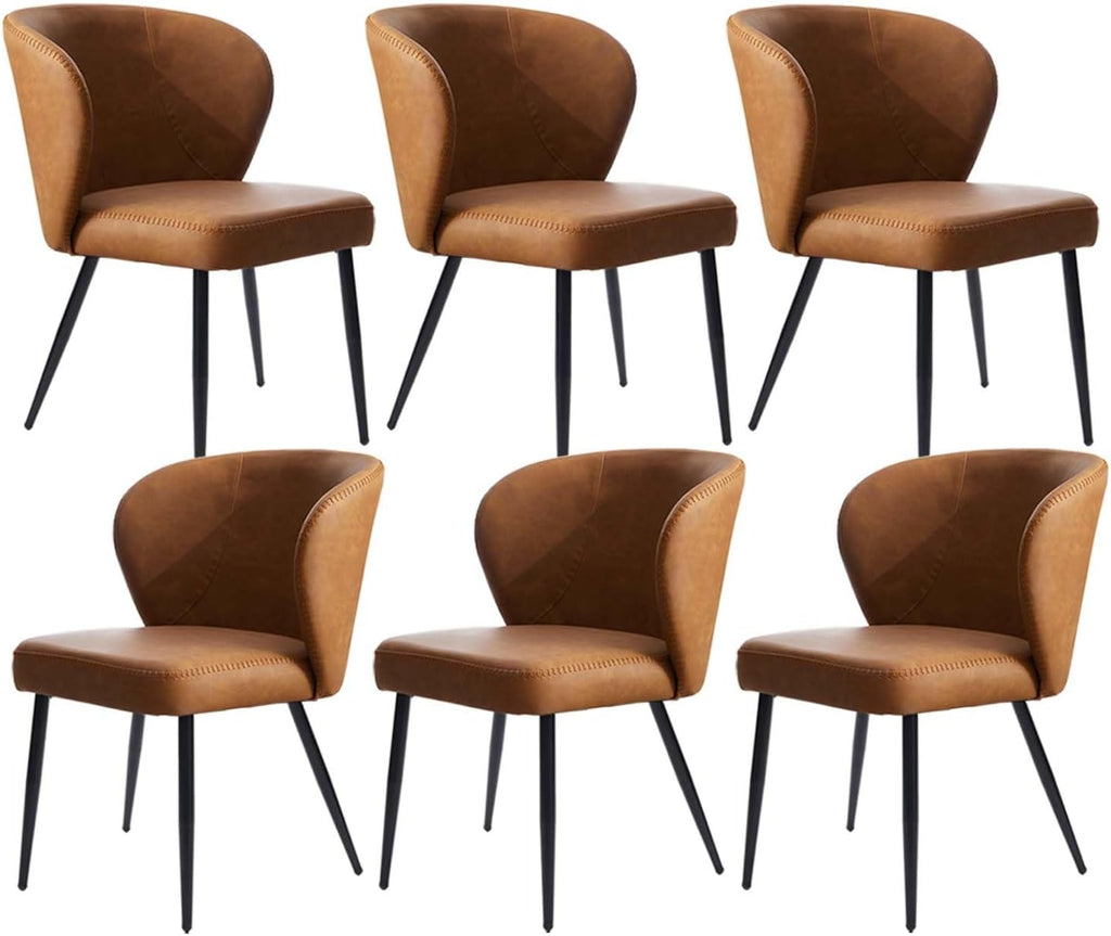 Brown Leather Dining Chairs Set of 6, Sturdy Metal Legs, High-Resilience Sponge, Non-Scratch Pads, for Kitchen, Dining Room, Living Room