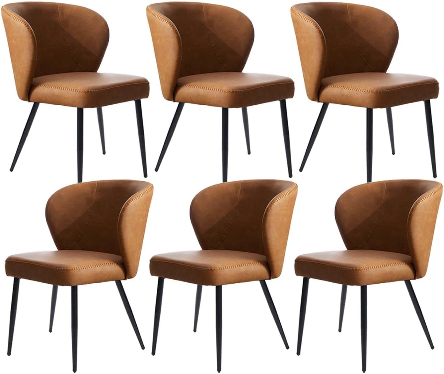Brown Leather Dining Chairs Set of 6, Sturdy Metal Legs, High-Resilience Sponge, Non-Scratch Pads, for Kitchen, Dining Room, Living Room