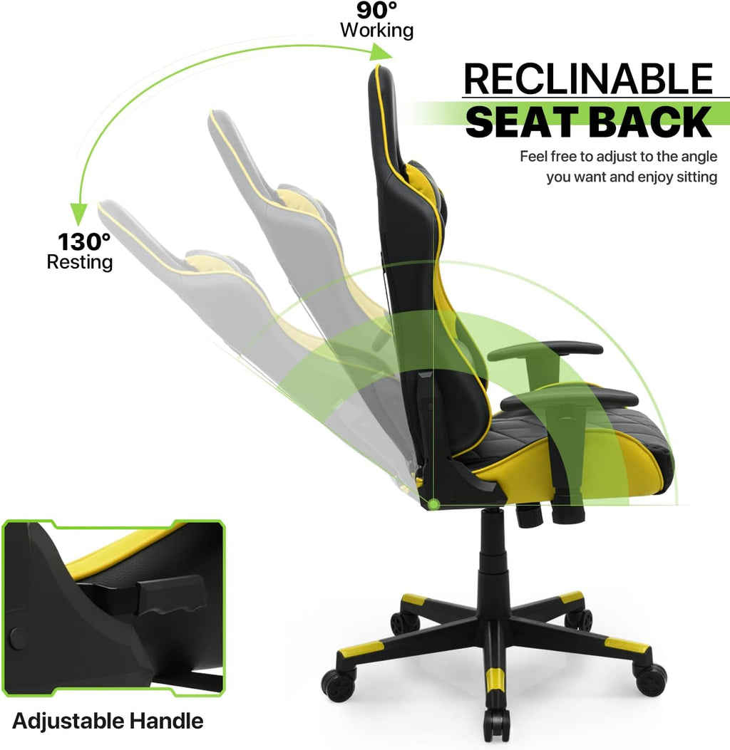 Magshion Gaming Chair, 90°-130° Reclining High-Back Gaming Chair with Lumbar Support, Ergonomic Adult Adjustable-Height Recliner for Home Office, 250 LBS Capacity, Yellow