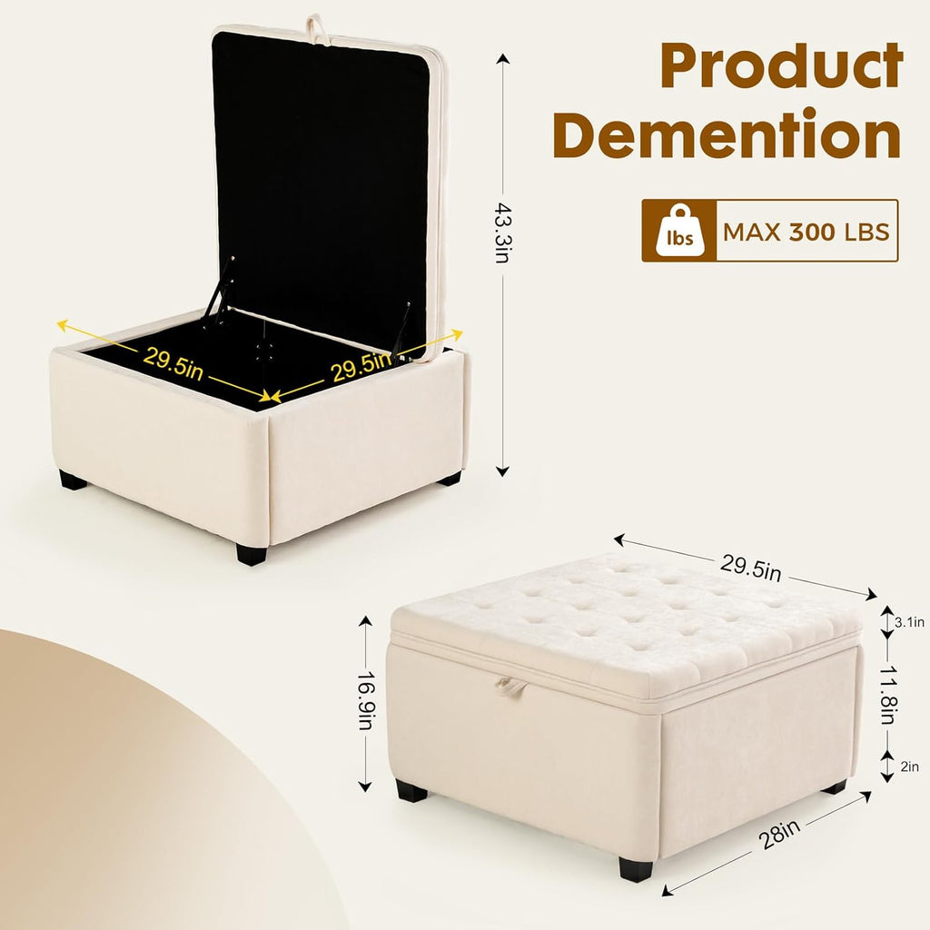 4-in-1 Storage Ottoman 30 Inch Large Hidden Storage Ottoman Foot Stool Square Ottoman Coffee Table with Soft-Close Hinge for Living Room (Ivory)