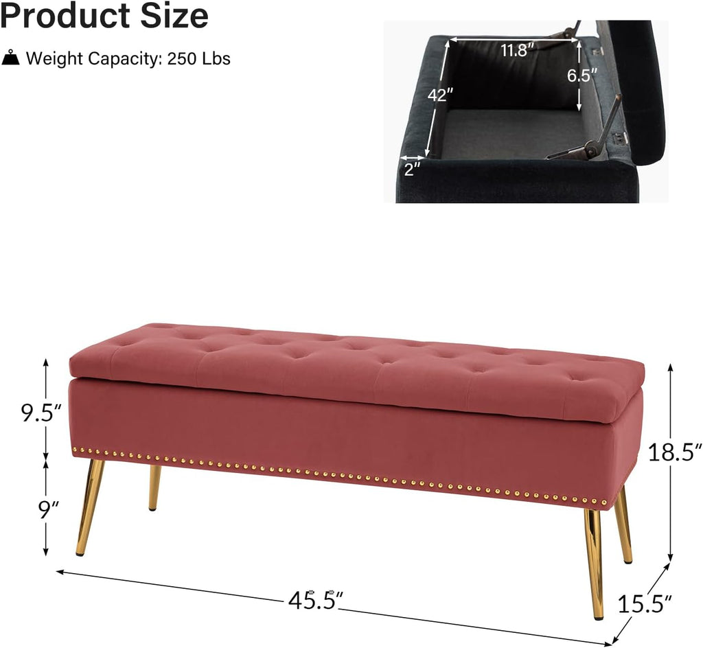HULALA HOME Modern Velvet Storage Ottoman Bench with Gold Base & Nailhead Trim, Upholstered Bedroom Bench for End of Bed, Button-Tufted Footstool for Entryway Living Room Dining Room, Rosewood