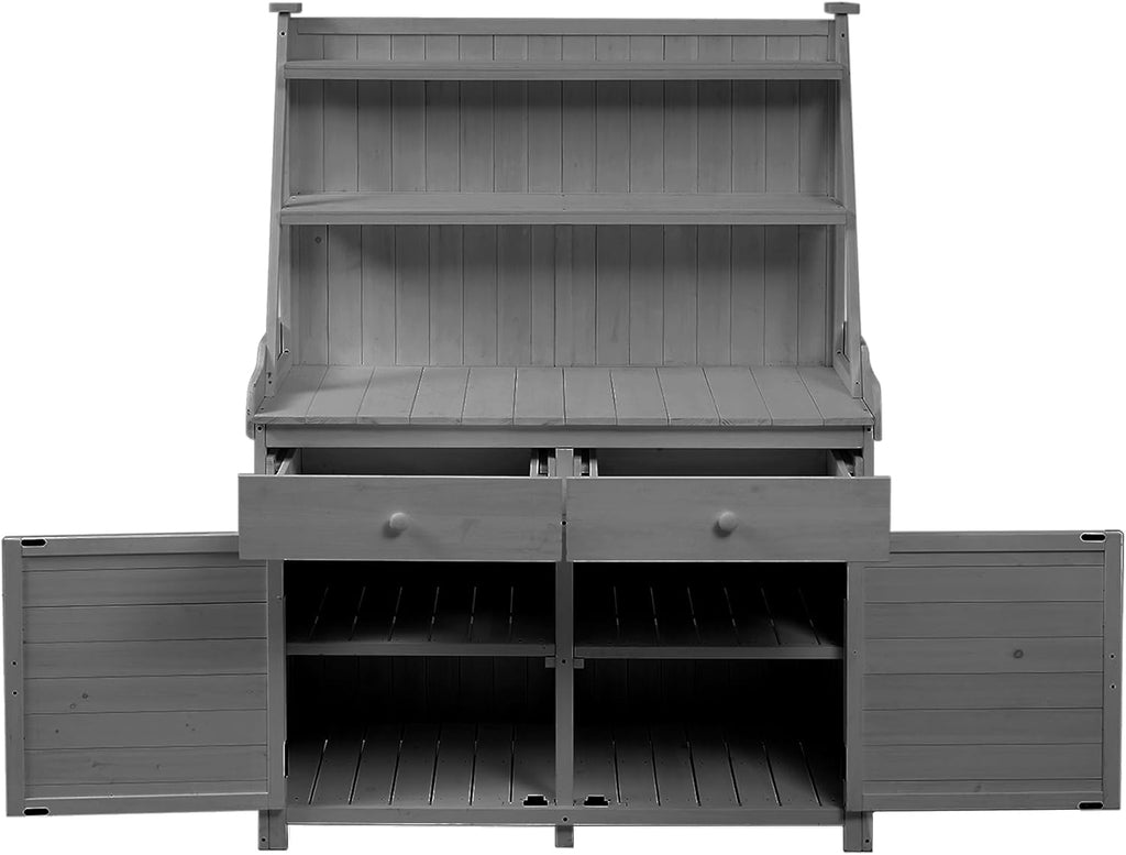 65" Garden Potting Bench with Storage Cabinet, Grey | 100% fir wood, 46.1" worktop, 3-tier shelves, anti-falling devices, 47.2"L x 22.8"W x 65"H, for garden tasks
