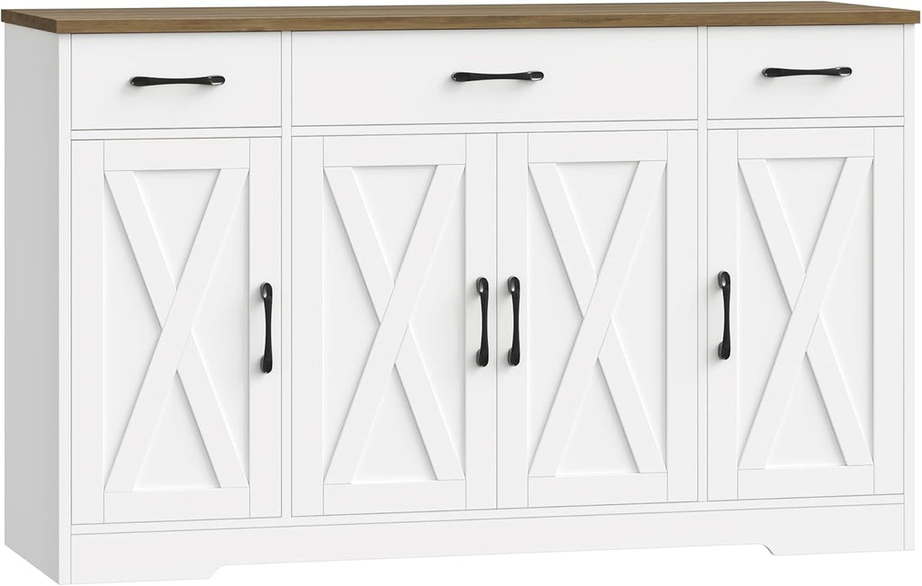 HOSTACK Buffet Cabinet with Drawers, 55" Large Sideboard Buffet Storage Cabinet with Shelves and Doors, Modern Farmhouse Coffee Bar Station Wood Kitchen Table for Kitchen, Dining Room, White/Rustic