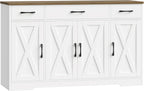 HOSTACK Buffet Cabinet with Drawers, 55" Large Sideboard Buffet Storage Cabinet with Shelves and Doors, Modern Farmhouse Coffee Bar Station Wood Kitchen Table for Kitchen, Dining Room, White/Rustic