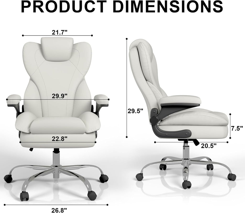 Office Chair, Home Desk Chair, Ergonomic Computer Chair with Lumbar Support, Executive Leather Chair with Flip-Up Armrests, Big and Tall Swivel Rolling Chair, White