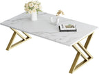 Wolawu Coffee Table Living Room Table White Center Table, Simple Modern Faux Marble Rectangular Tea Tables with Sturdy Gold Metal Frame,Industrial Wooden Coffee Table for Bedroom Home Office