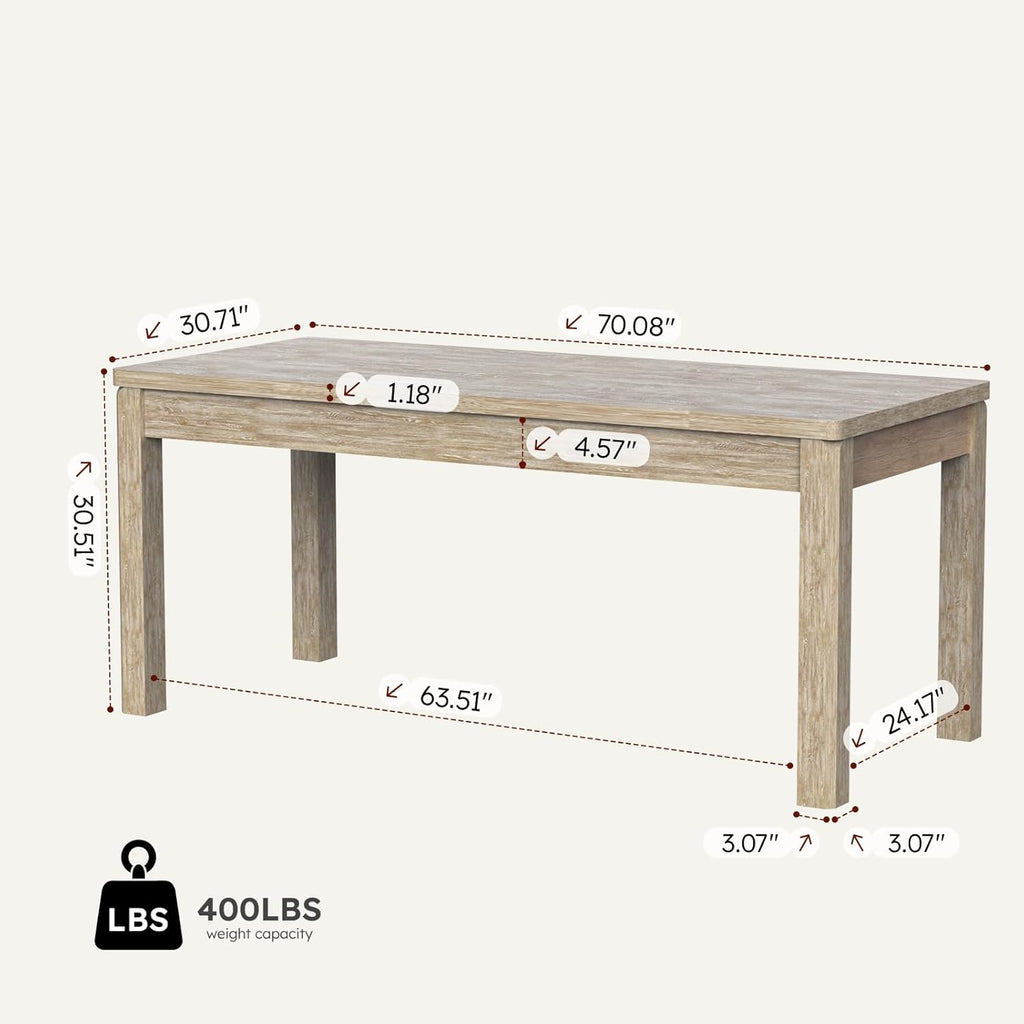 Farmhouse Dining Table, 70" Rectangular Wooden Kitchen Table for 4–6 People, Modern Dining Table & Home Office Desk for Family Gatherings and Study, Easy to Clean, Rustic