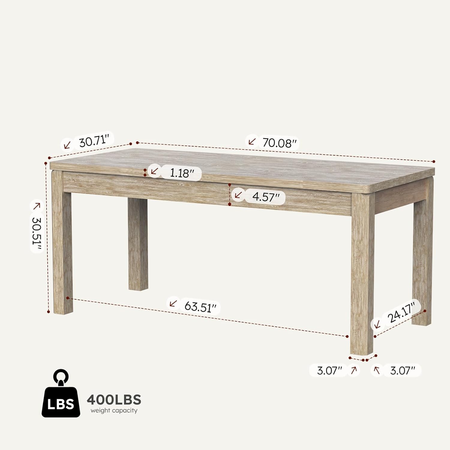 Farmhouse Dining Table, 70" Rectangular Wooden Kitchen Table for 4–6 People, Modern Dining Table & Home Office Desk for Family Gatherings and Study, Easy to Clean, Rustic