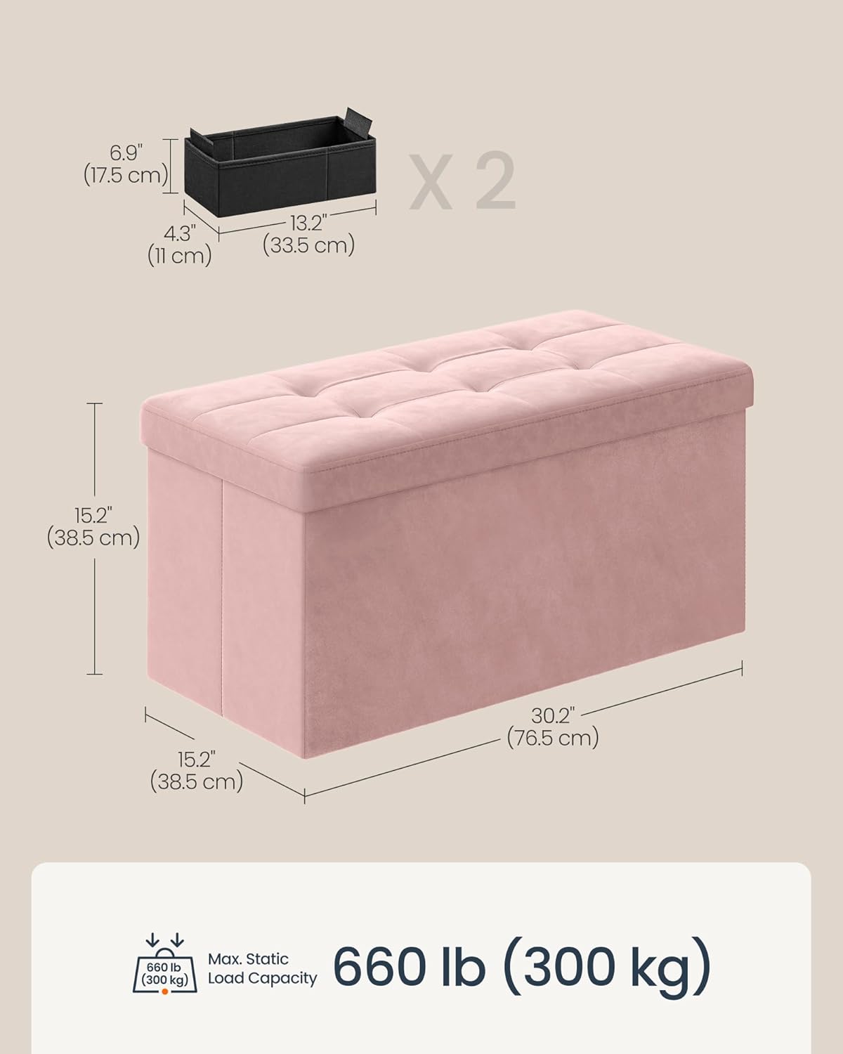 SONGMICS HOME Ottoman with Storage, Removable Lid, Folding Storage Chest, Easy Assembly, for Entryway, Bedroom, Living Room, 15.2 x 30.2 x 15.2 Inches, Velvet, Pink