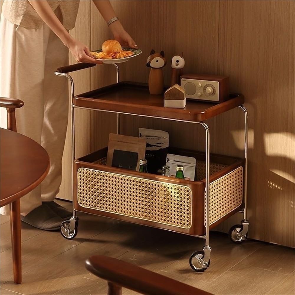 Wood Mobile Side Table with Wheels 2-Layer Storage Rolling Coffee Table End Table for Living Room Boudoir Small Spaces All Occasion(Brown)
