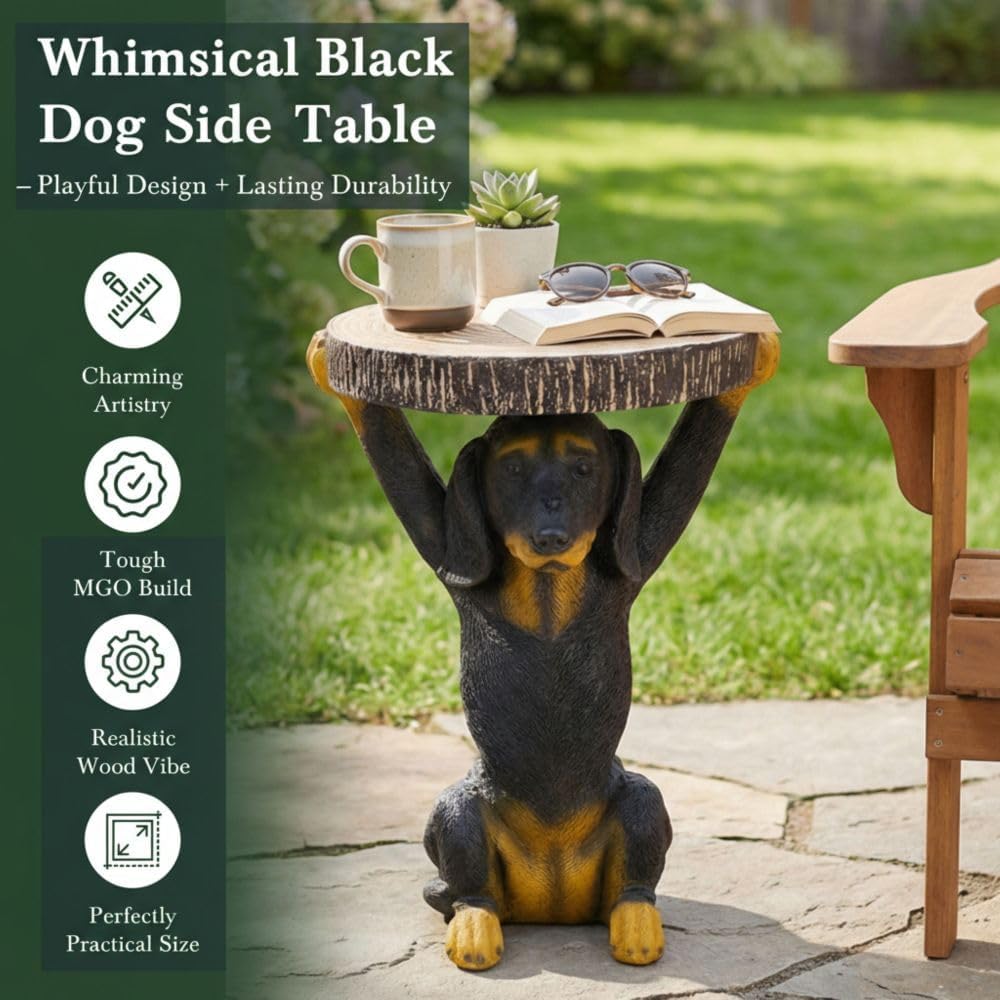 Dog Side Table - 22.17 Inch Black Dog Statue Pedestal End Table with Faux Wood Grain Top, Hand Painted Accent Stool for Living Room Office Patio Garden Outdoor Decor