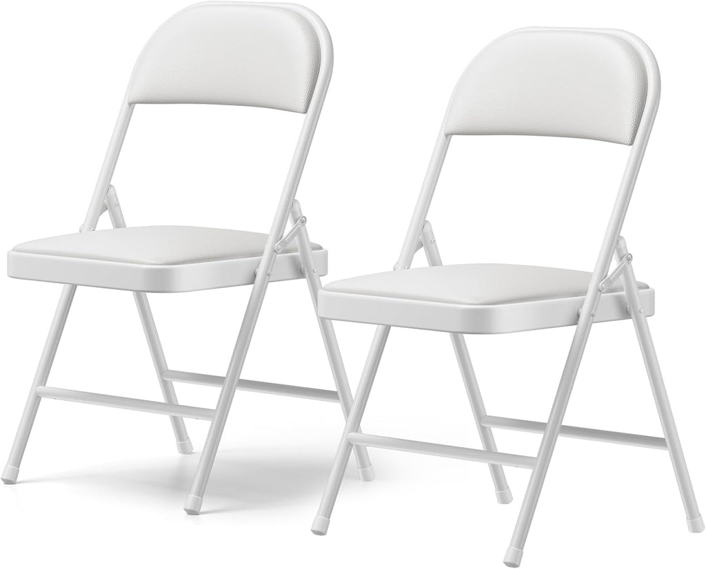 Padded Folding Chairs 2 Pack, PU Leather Folding Chairs for Outside and Indoor, Heavy Duty Portable Foldable Metal Chairs for Home Office, Dorm, Party, Backyard, Patio, White