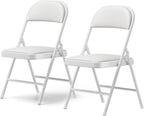 Padded Folding Chairs 2 Pack, PU Leather Folding Chairs for Outside and Indoor, Heavy Duty Portable Foldable Metal Chairs for Home Office, Dorm, Party, Backyard, Patio, White