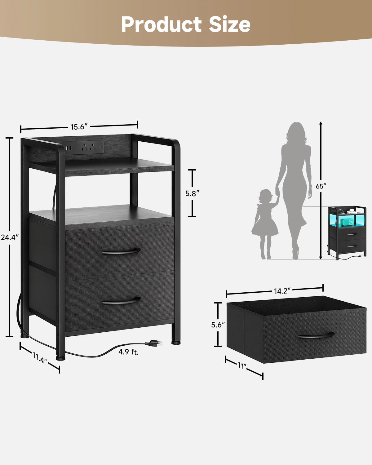 Lazzanto Nightstand with Rear Charging Station, LED Light, 2 Drawers, Black | Industrial Nightstand, 2 USB-A Ports & AC Outlets, Raised Back Guard, Fabric Storage Drawers, Bedside Table for Bedroom, Dorm
