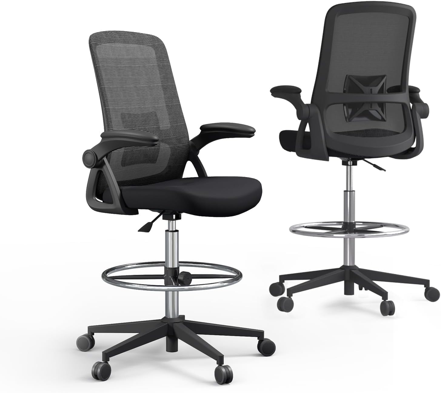Drafting Chair, Tall Office Chair with Lumbar Support, High Office Chair with Flip up Armrests, Standing Desk Chair with Adjustable Footrest Ring, Breathable Mesh Back, Black