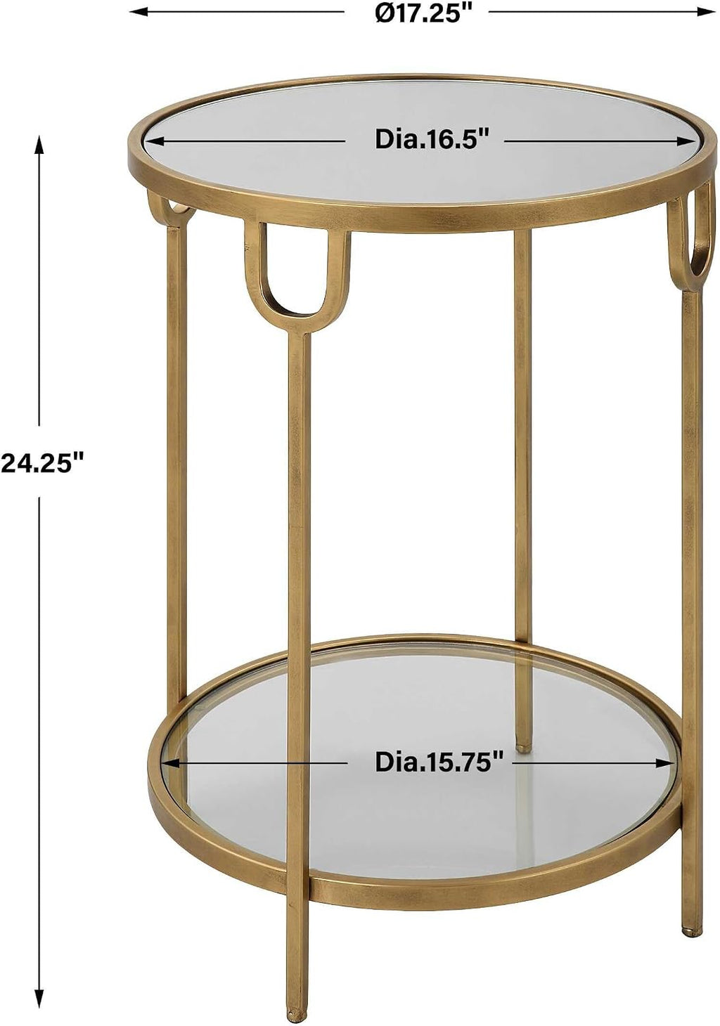 Two Tier Round Accent Table Antique Gold Iron Frame Mirrored Top Tempered Glass Shelf Modern Side Table Living Room Bedroom End Table Decorative Furniture