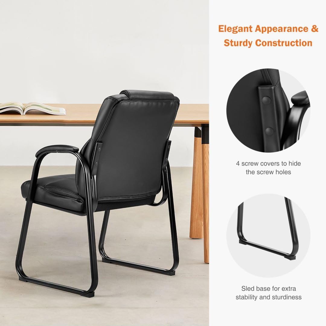 PU Leather Conference Room Chair, Tall Back Chairs with with Padded Arms and No Wheels, Guest Chair for Reception Waiting Room Black