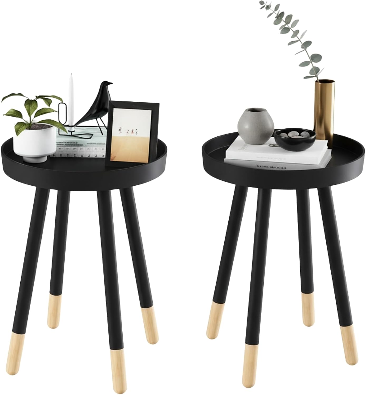 Lavish Home Round End Table Set of 2 – 17 Inch Small Round Side Table Set with Tray Tops and Color-Block Spindle Legs – Wooden Mid Century Modern Living Room Furniture (Black)