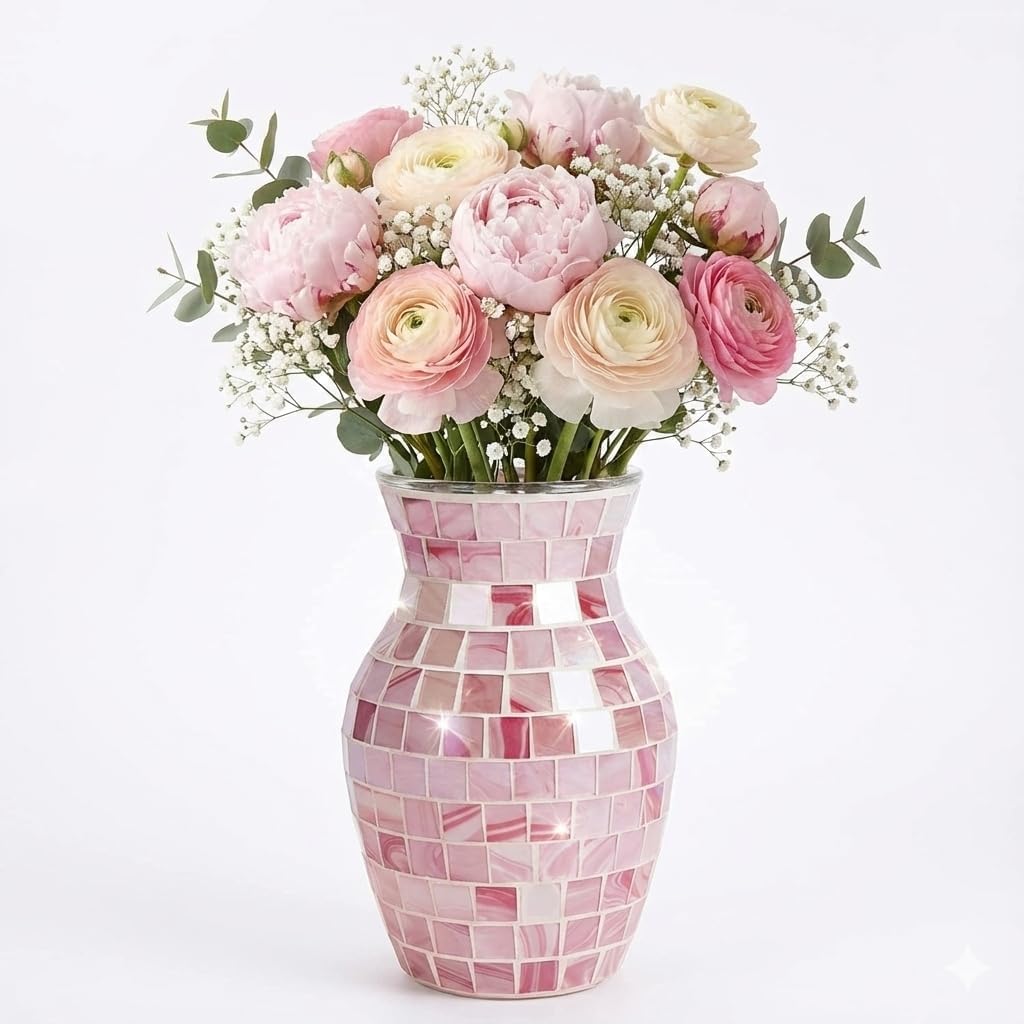 Pink Vase for Flowers, 8 Inch Mosaic Glass Centerpiece | Pink Gradient Tiles, Wedding Table Decor, 5.42 Inch Body for Bouquets and Pampas