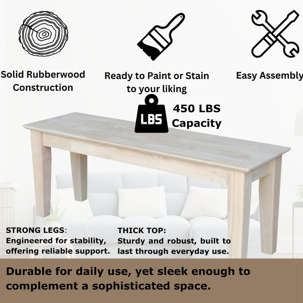 International Concepts Shaker Style Bench, 47-Inch Wide, Solid Parawood, Unfinished